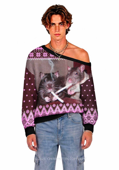 Smoking Rats Y2K Off Shoulder Knit Sweatshirt Cherrykitten