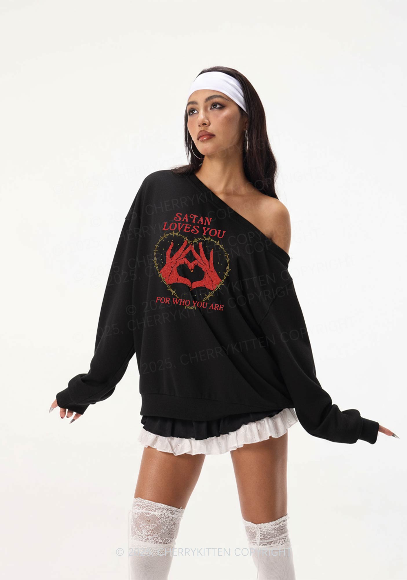 Satan Loves You Heart Halloween Y2K Off Shoulder Sweatshirts Cherrykitten