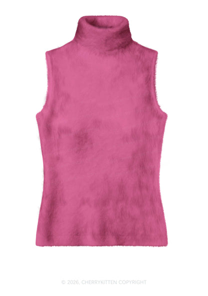 Plain Rose Red Y2K Knit Turtleneck Tank Top Cherrykitten