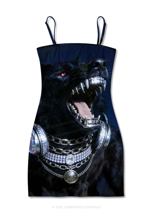 Hip Hop Black Wolf Y2K Print Slip Dress Cherrykitten