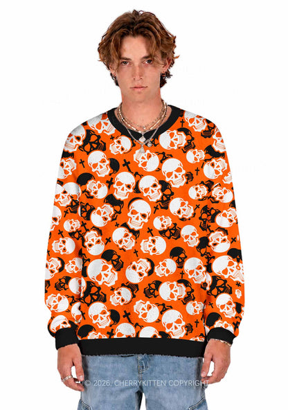 Halloween Orange Skull Cross Y2K Christmas Knit Sweatshirt Cherrykitten