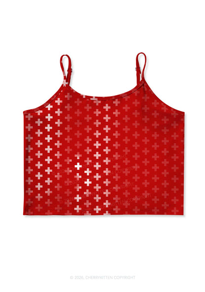Red White Gradient Cross Y2K Print Cami Crop Top Cherrykitten