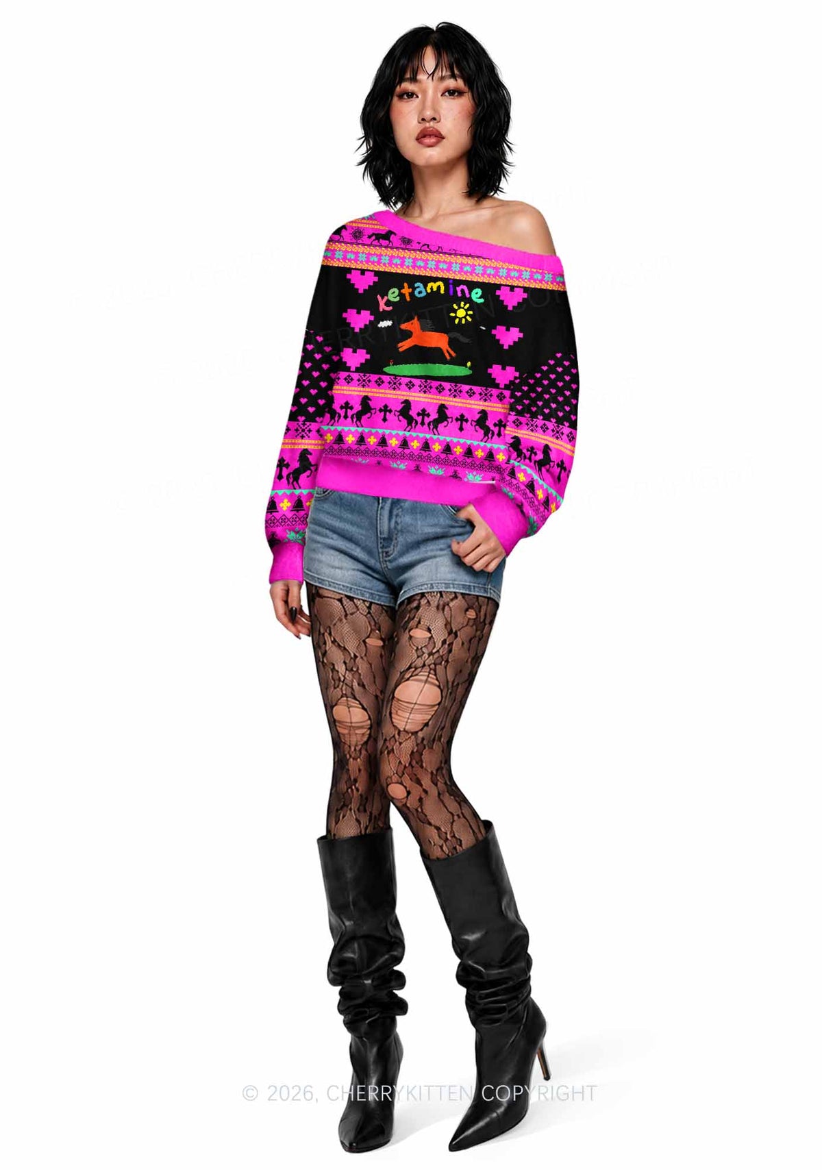 Orange Pony Y2K Off Shoulder Knit Sweatshirt Cherrykitten