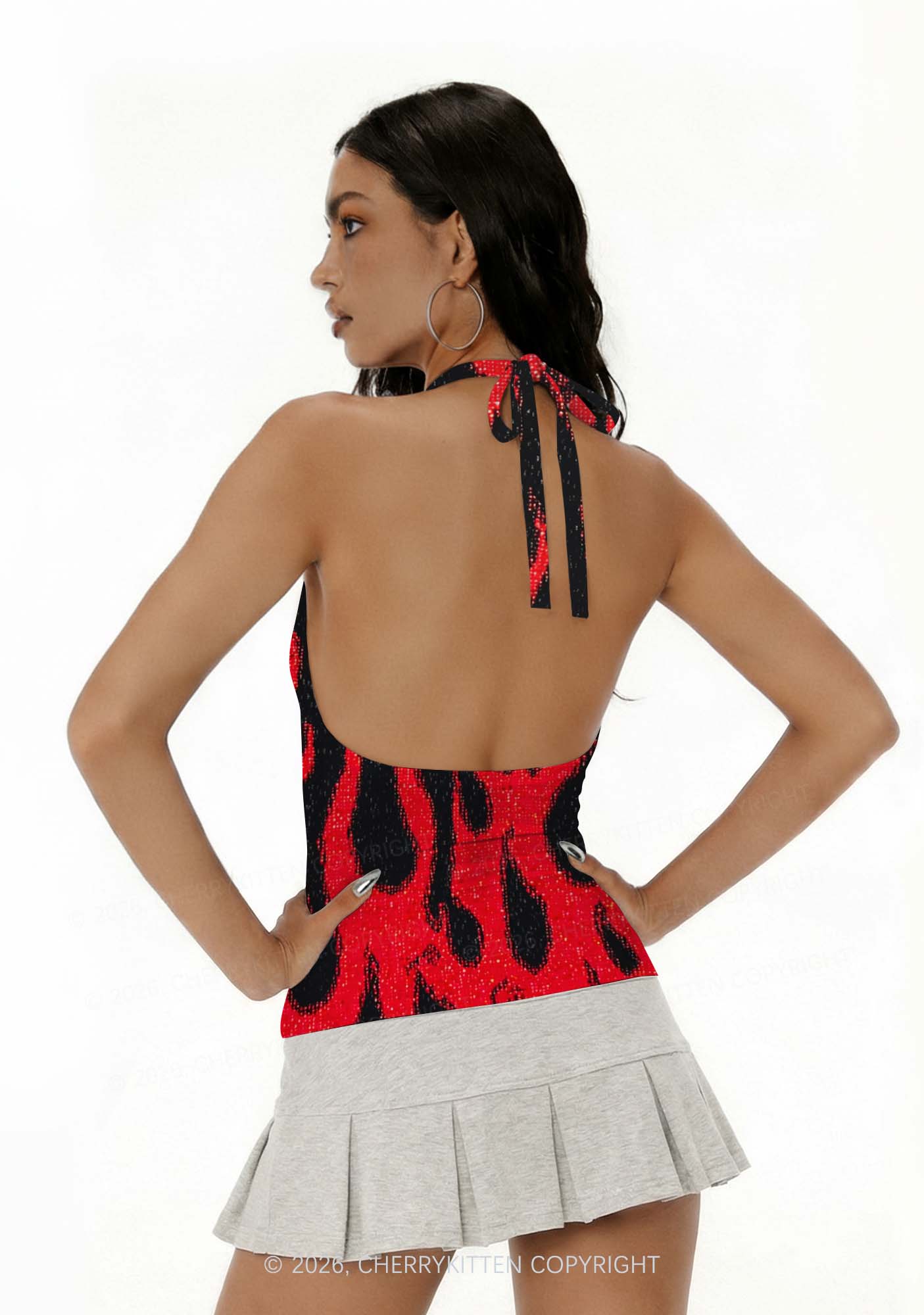 Red Flame Y2K Print Halter Deep V Neck Cami Cherrykitten