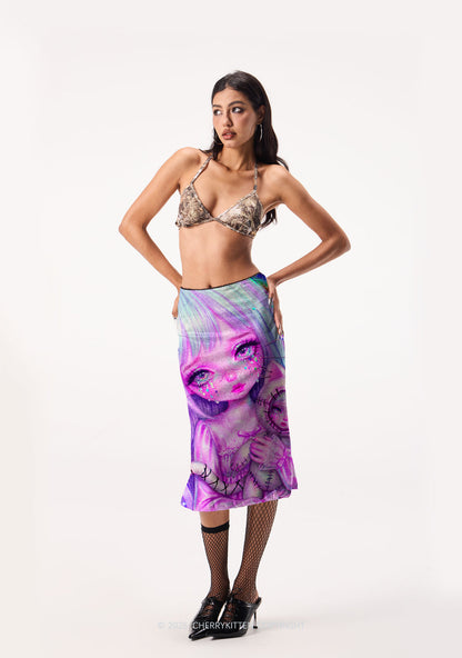 Stitched Doll Girl Y2K Print Midi Skirt Cherrykitten