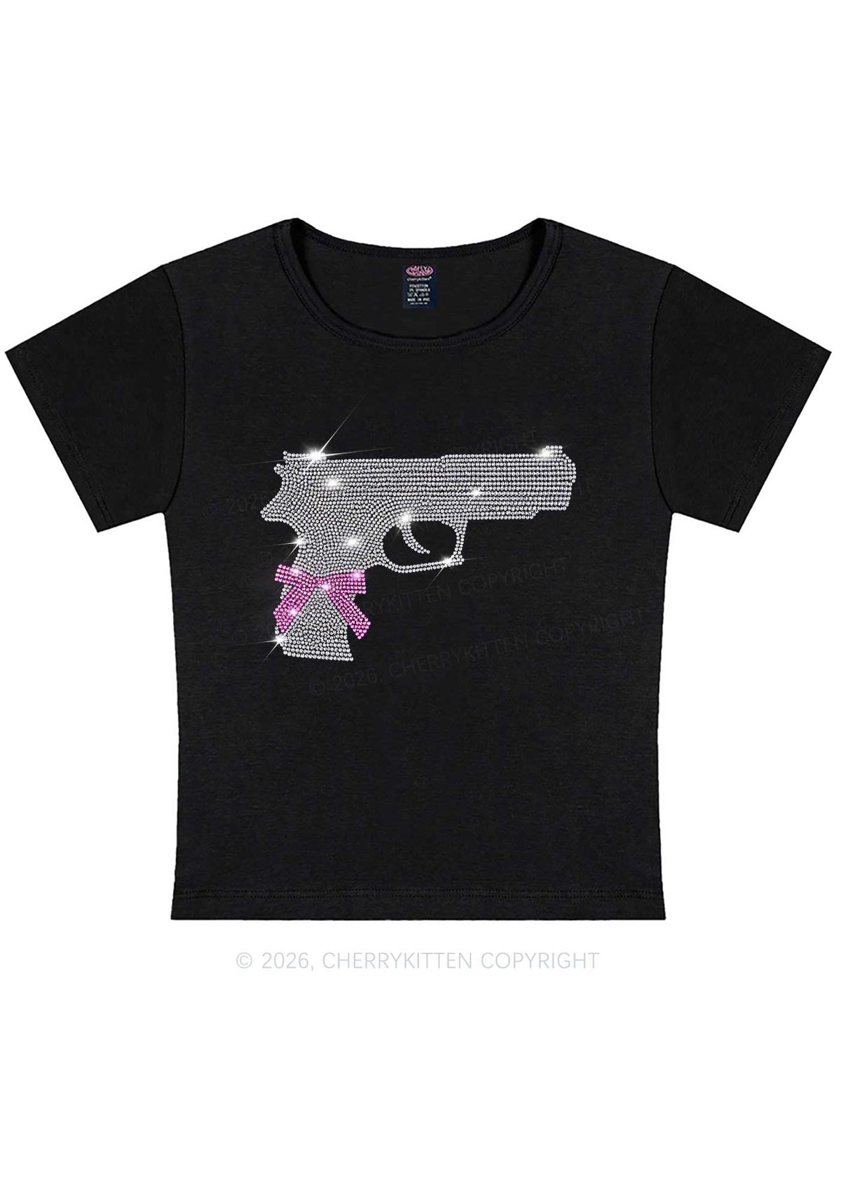 Rhinestone Pink Bow Weapon Y2K Baby Tee Cherrykitten