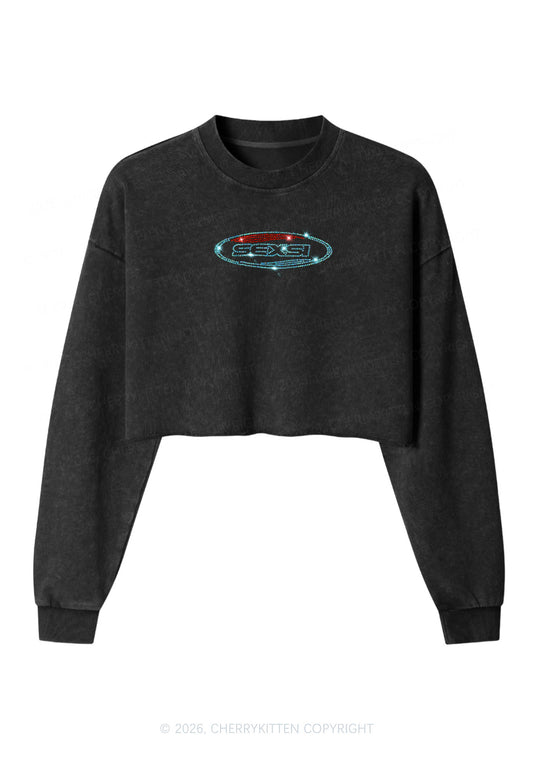 Rhinestone Sexsi Slogan Y2K Crop Washed Sweatshirts Cherrykitten
