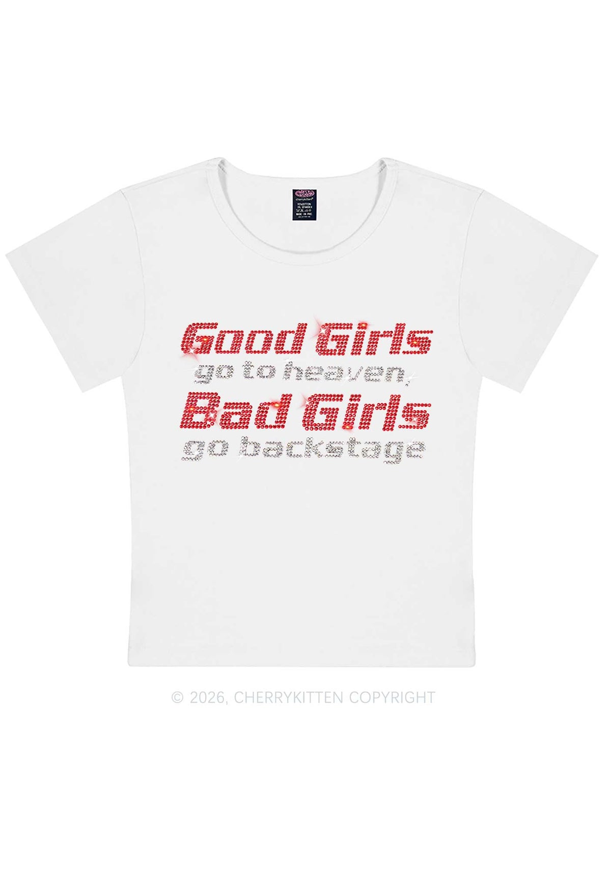 Rhinestone Bad Girls Go Backstage Y2K Baby Tee Cherrykitten
