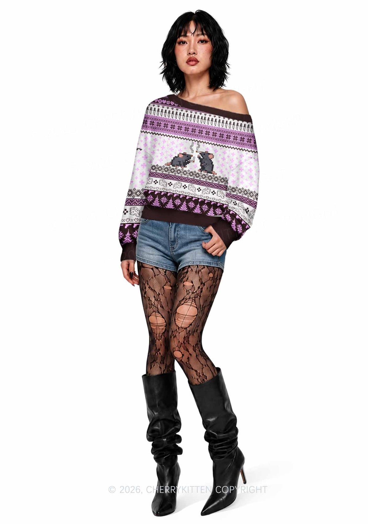 Pixel Smoking Rats Y2K Off Shoulder Knit Sweatshirt Cherrykitten