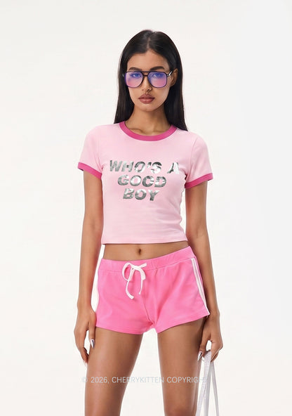 Whos A Good Boy Silver Foil Printed Y2K Ringer Tee Cherrykitten