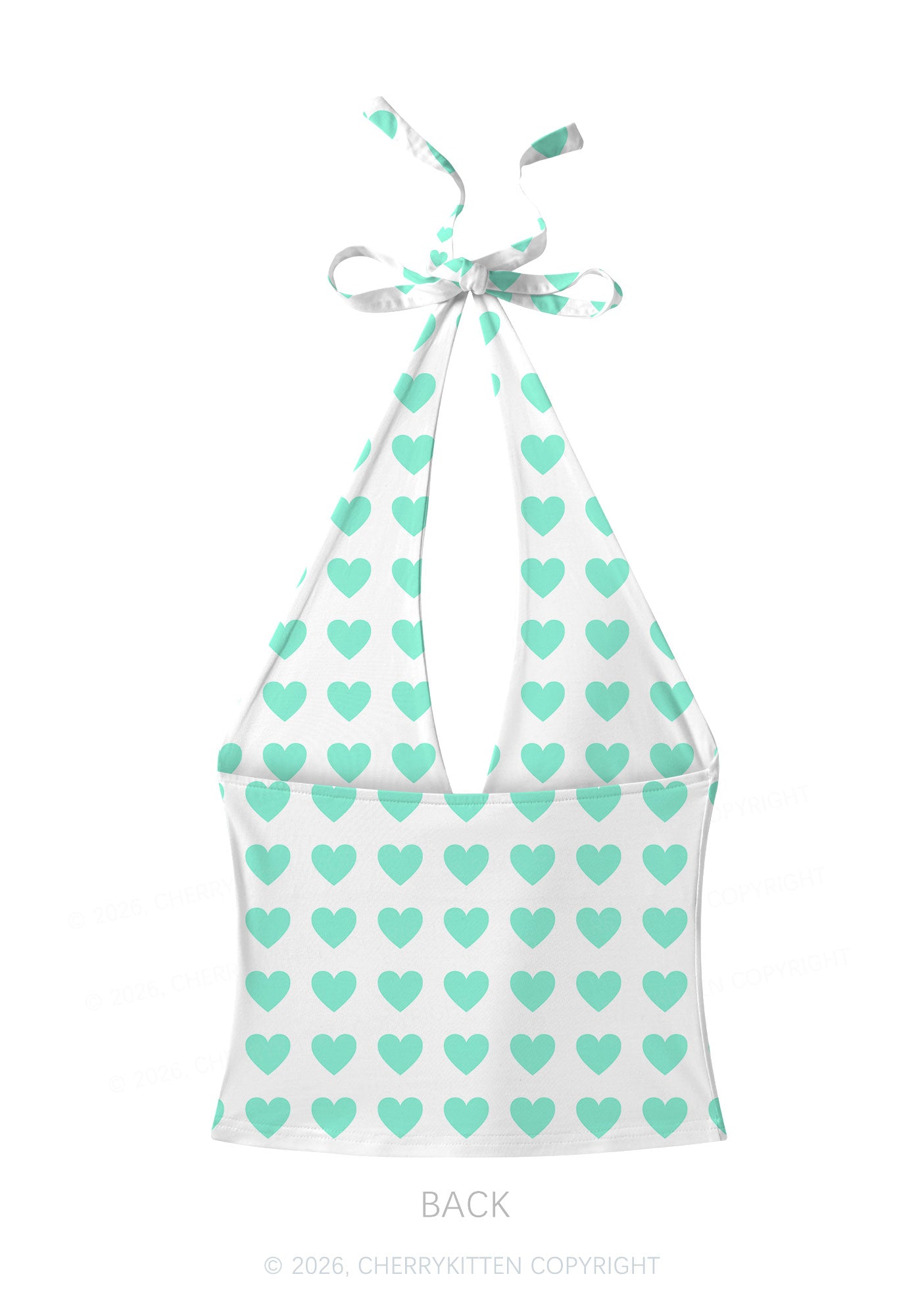 Mint Green Heart On White Y2K Print Halter Deep V Neck Cami Cherrykitten