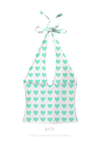 Mint Green Heart On White Y2K Print Halter Deep V Neck Cami Cherrykitten