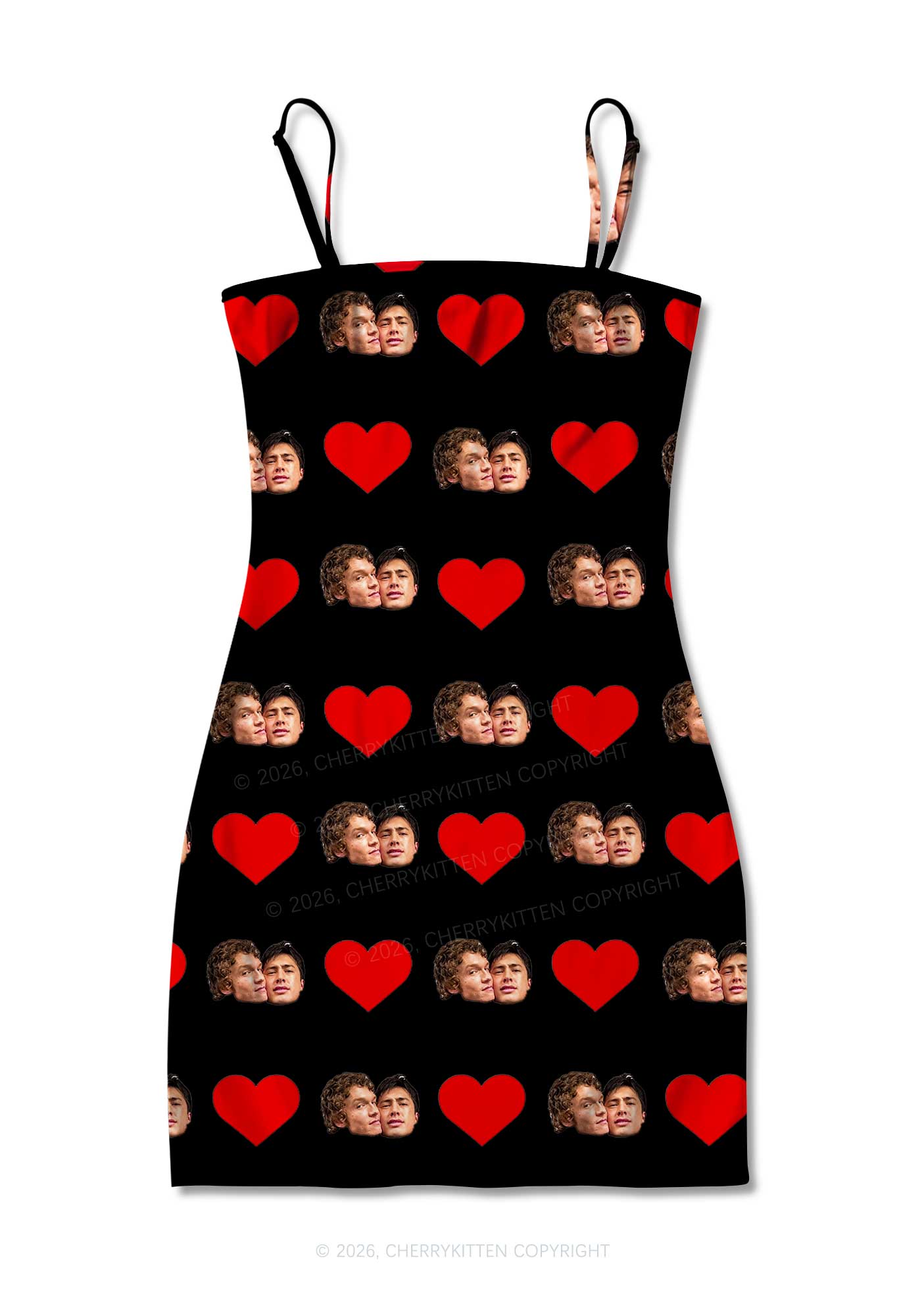 Black Red Heart Gay Couple HR Y2K Print Slip Dress Cherrykitten