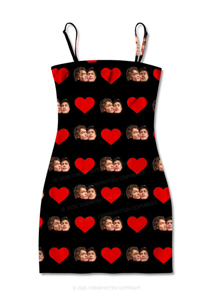 Black Red Heart Gay Couple HR Y2K Print Slip Dress Cherrykitten
