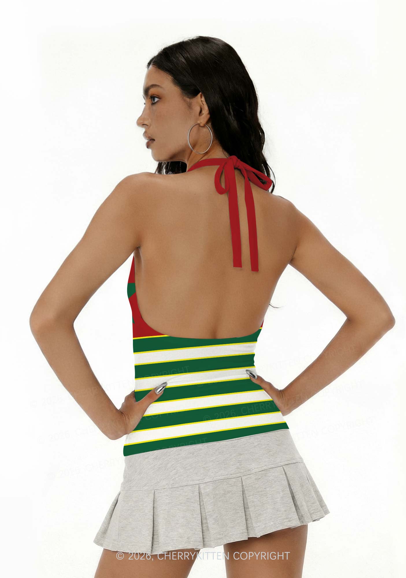 Green White Stripe Stars Y2K Print Halter Deep V Neck Cami Cherrykitten