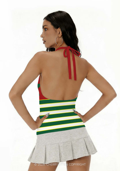 Green White Stripe Stars Y2K Print Halter Deep V Neck Cami Cherrykitten