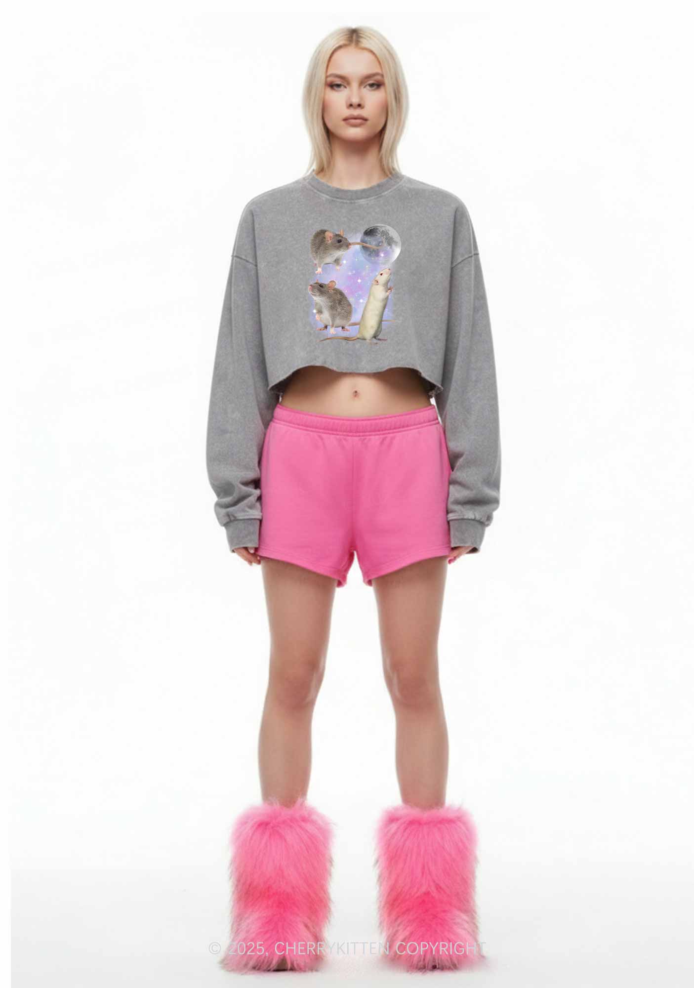 Three Rats Moon Y2K Crop Washed Sweatshirts Cherrykitten