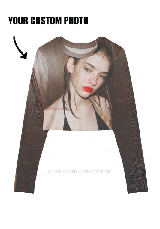 Custom Personalized Photo Y2K Mesh Long Sleeve Crop Top Cherrykitten