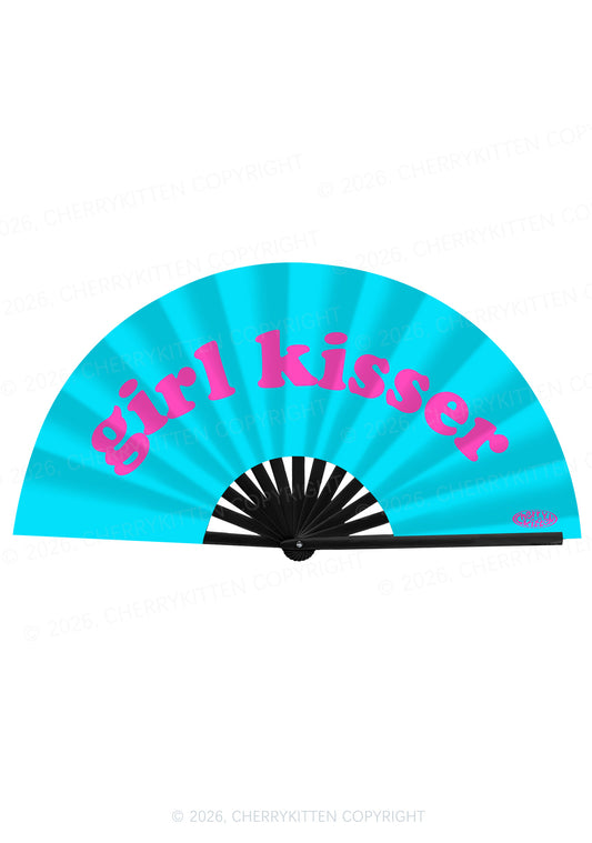 Blue Girl Kisser Pride Y2K Rave Hand Fan Cherrykitten