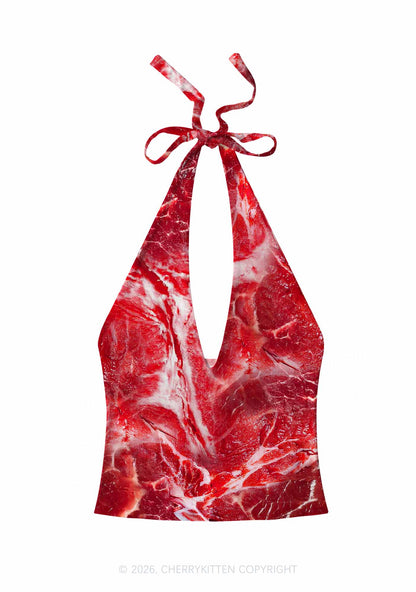 Beef Steak Texture Y2K Print Halter Deep V Neck Cami Cherrykitten