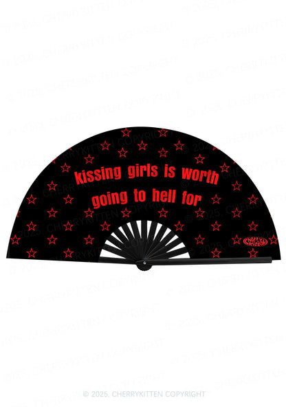 Kissing Girls is Worth Going To Hell Pride Y2K Rave Hand Fan Cherrykitten