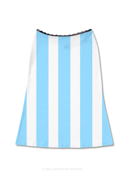 Blue White Stripes Y2K Print Midi Skirt Cherrykitten