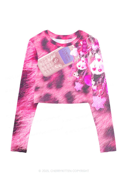 Pink Plush Phone Y2K Mesh Long Sleeve Crop Top Cherrykitten