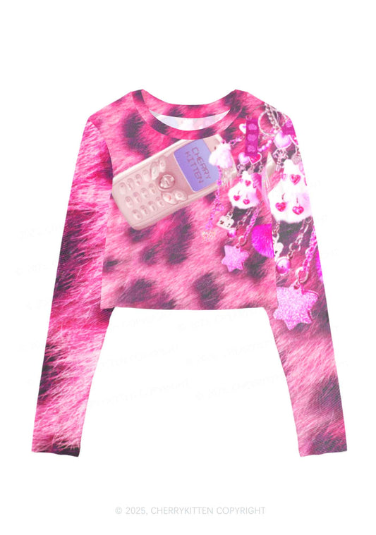 Pink Plush Phone Y2K Mesh Long Sleeve Crop Top Cherrykitten