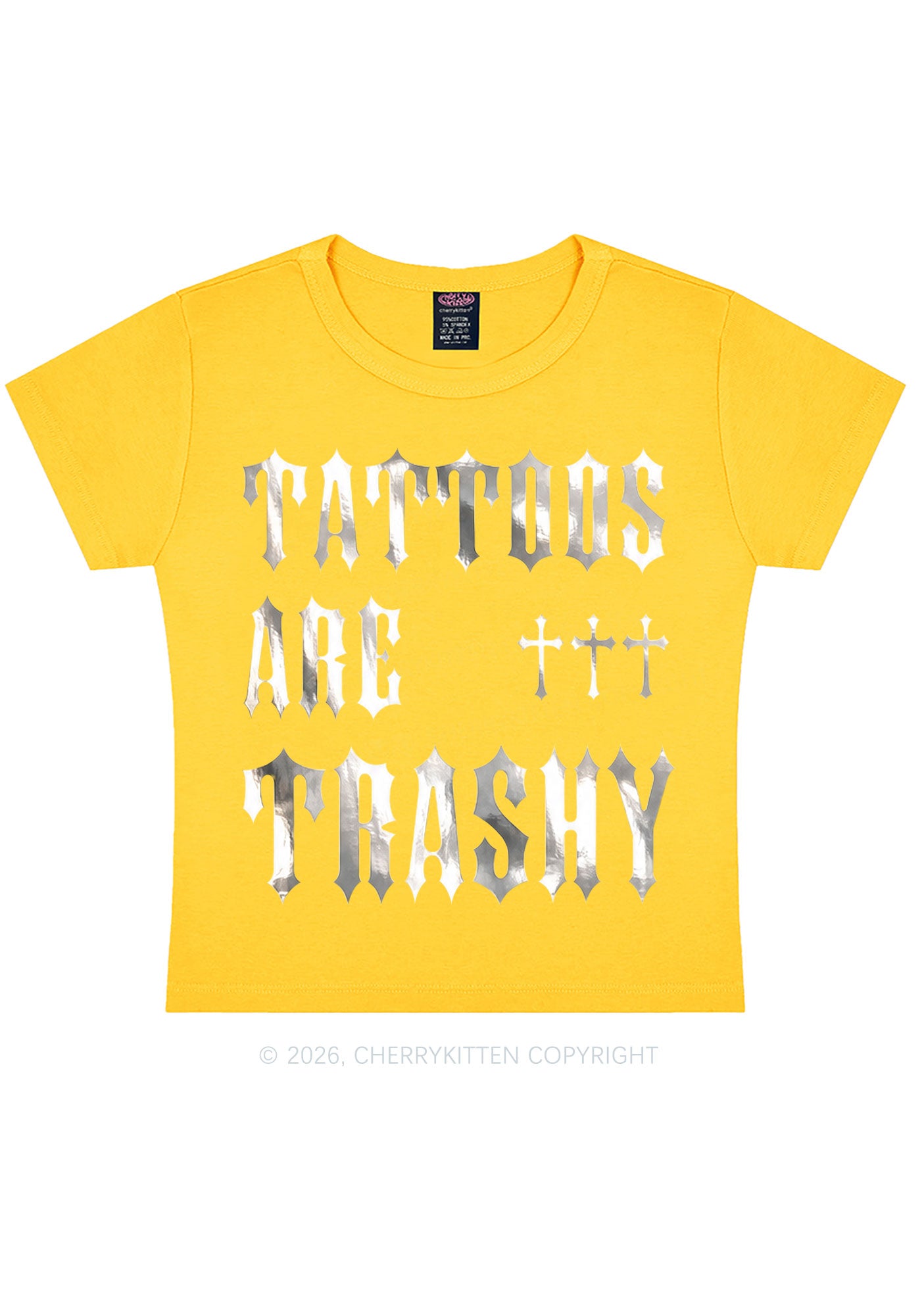 Tattoos Are Trashy Silver Foil Printed Y2K Baby Tee Cherrykitten