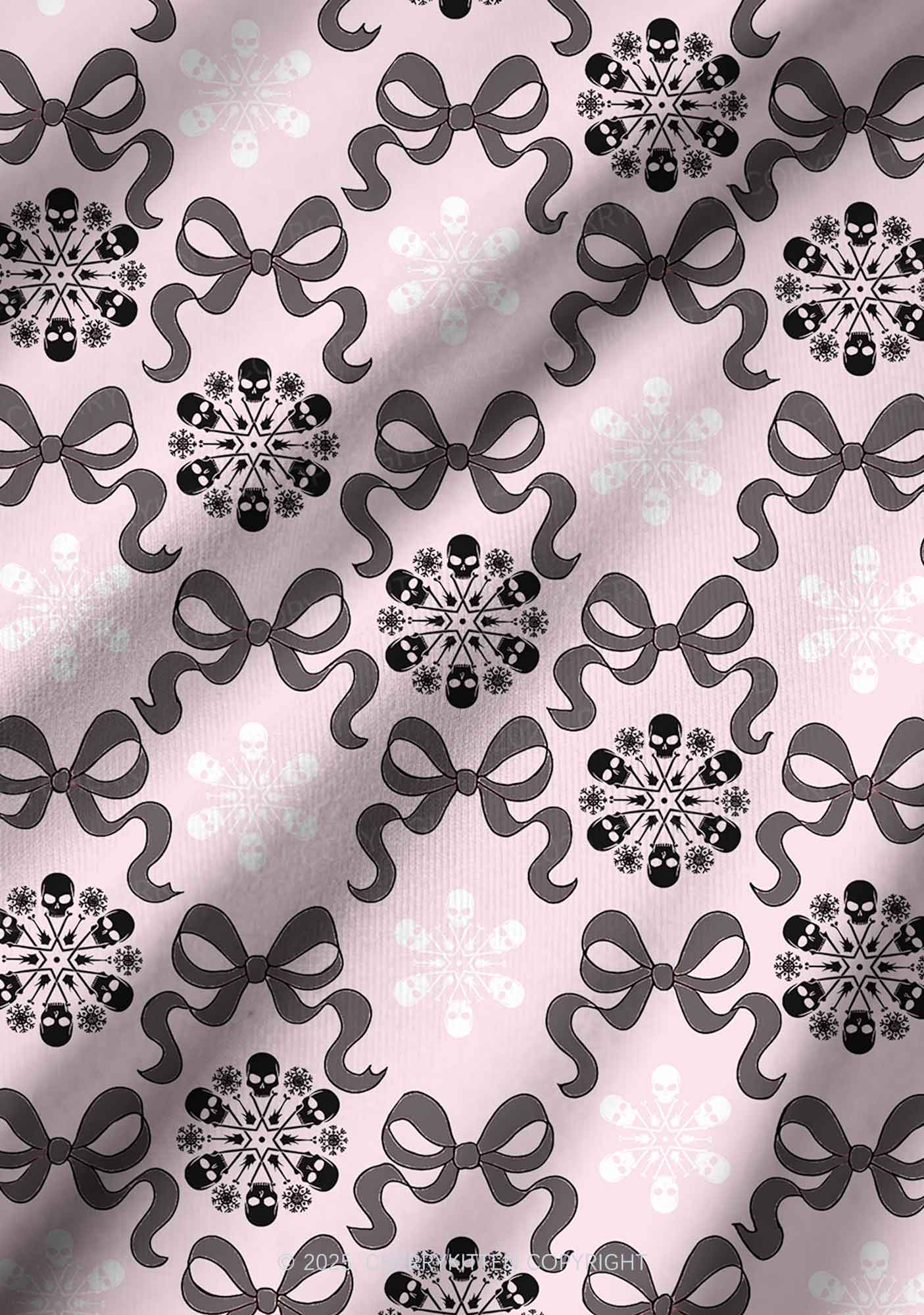 Christmas Bow Skull Snowflakes Y2K Print Long Sleeve Pajama Set Cherrykitten