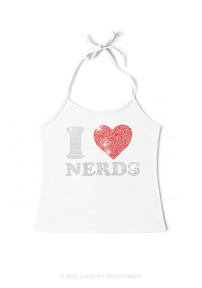 Rhinestone I Love Nerds Y2K Halter Neck Cami Cherrykitten
