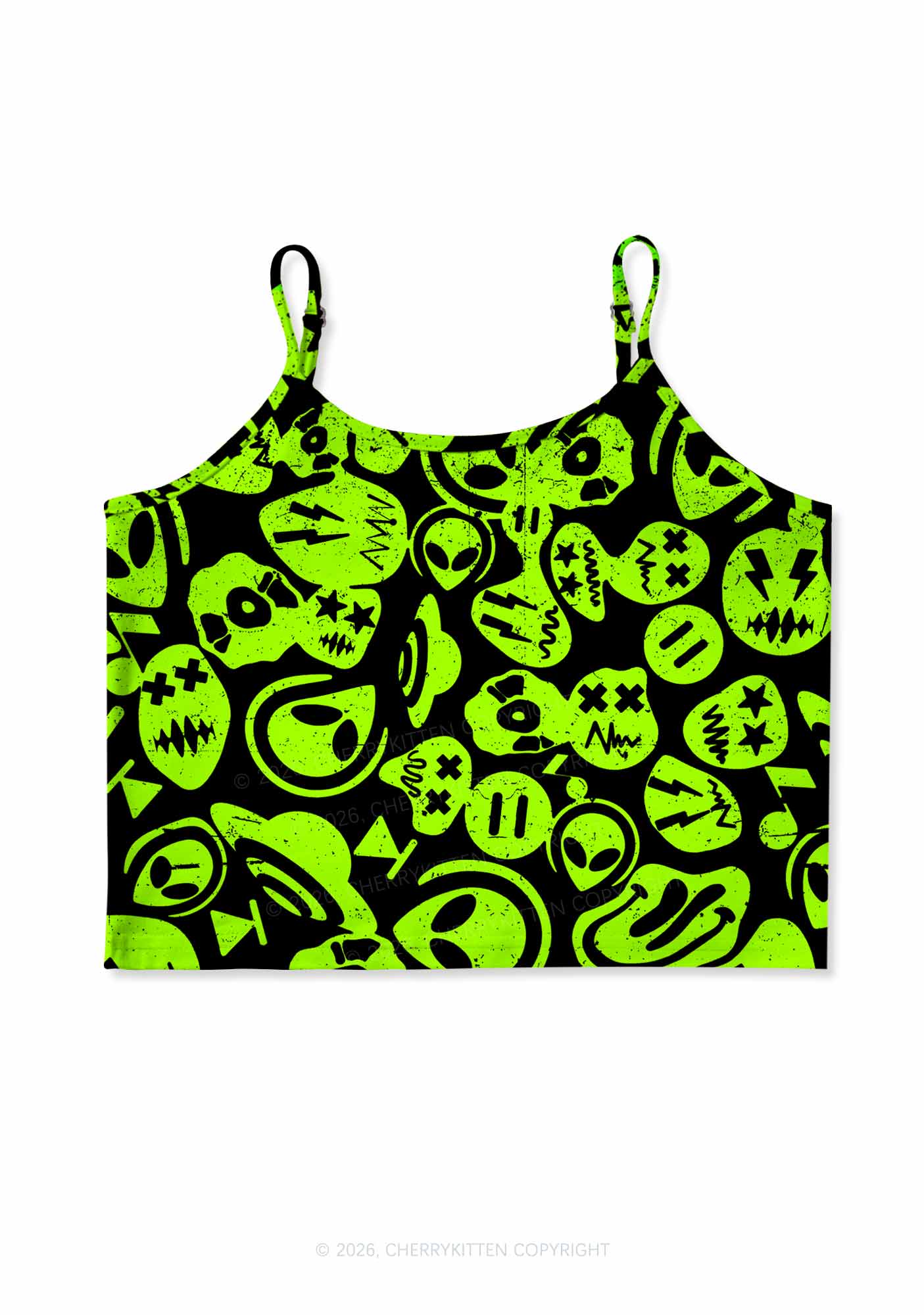 Green Alien Doodle Y2K Print Cami Crop Top Cherrykitten