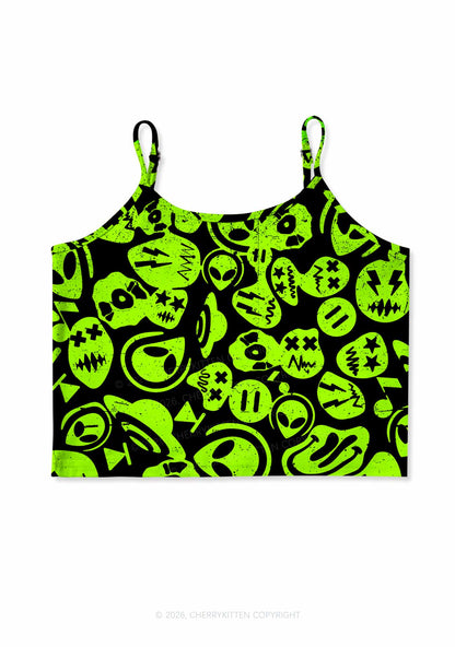 Green Alien Doodle Y2K Print Cami Crop Top Cherrykitten
