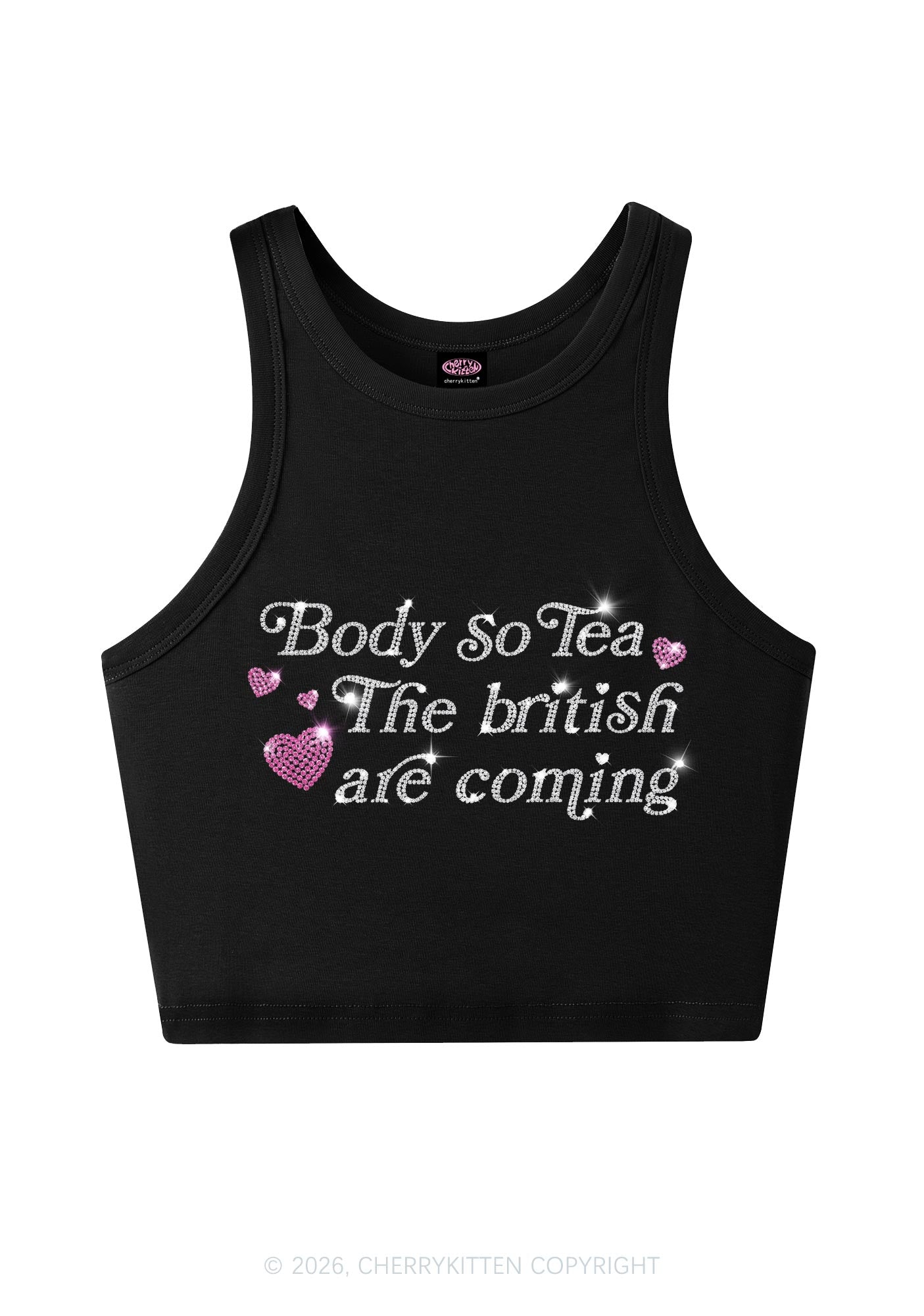 Rhinestone Body So Tea Y2K Crop Tank Top Cherrykitten