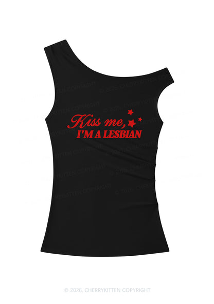 Kiss Me Im Lesbian Pride Y2K Off Shoulder Tank Top Cherrykitten