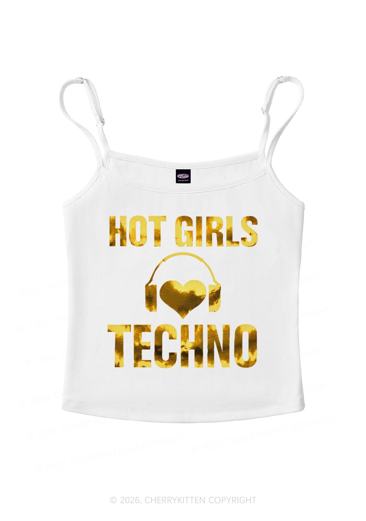 Hot Girls Love Techno Silver Foil Printed Y2K Spaghetti Strap Cami Cherrykitten