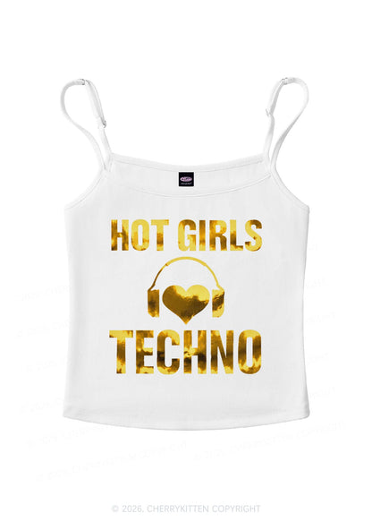 Hot Girls Love Techno Silver Foil Printed Y2K Spaghetti Strap Cami Cherrykitten