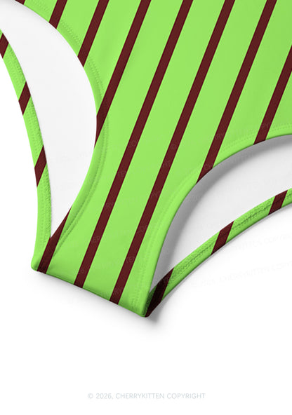 Green Brown Stripes Y2K Print Bikini Set Cherrykitten