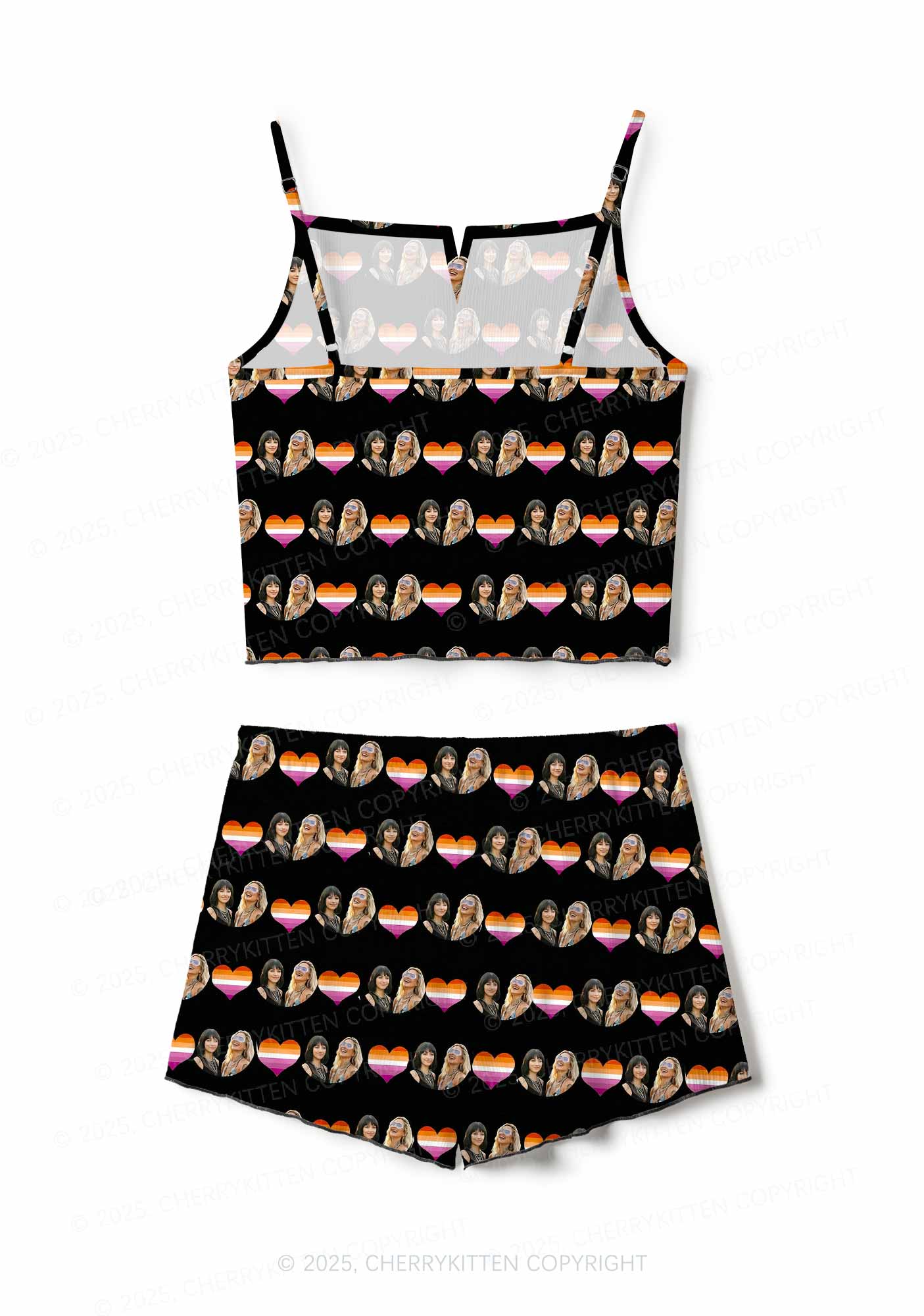 Custom Lesbian Couple Photo Valentine's Day Y2K Print Cami Shorts Pajama Set Cherrykitten