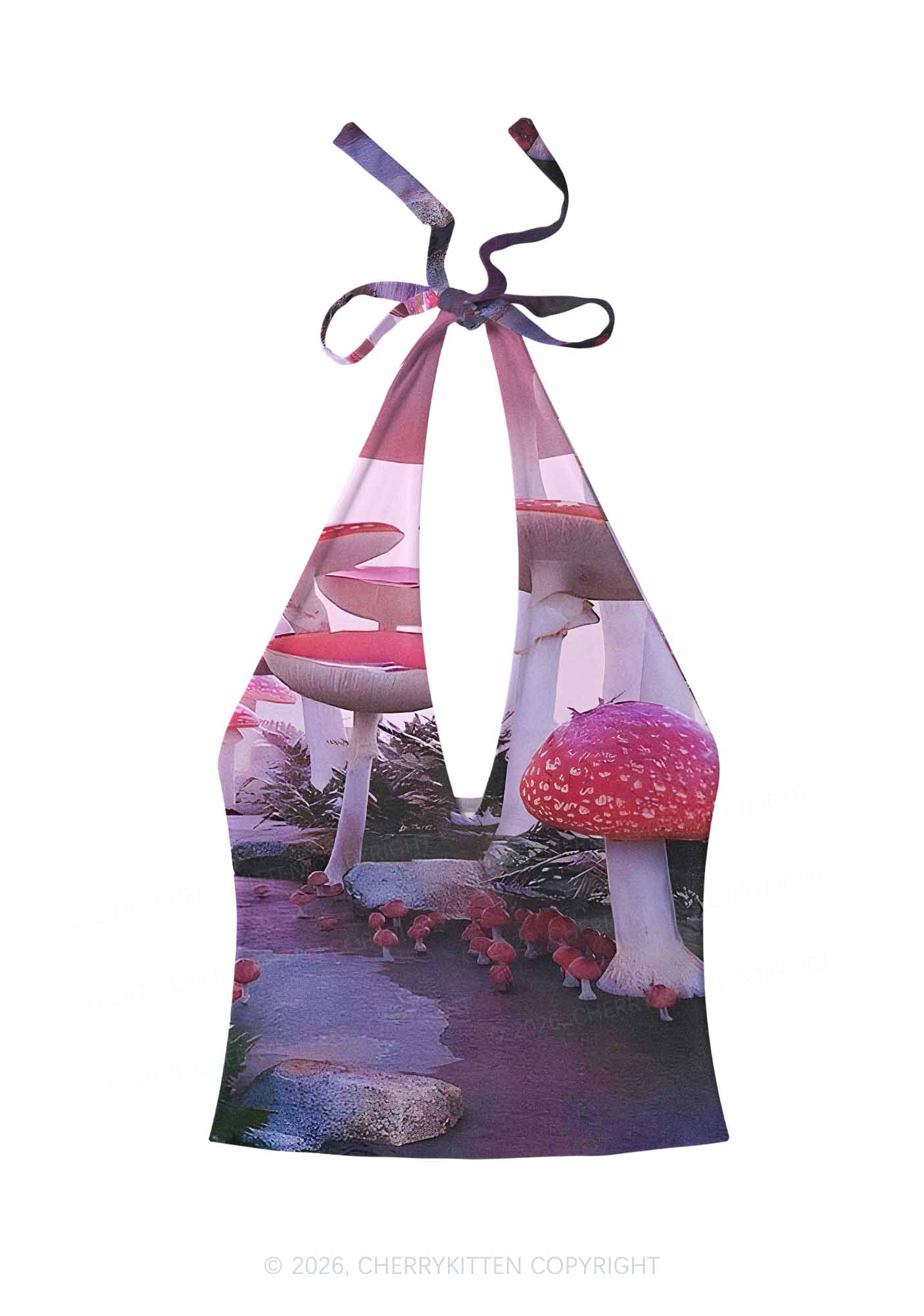Pink Mushroom Y2K Print Halter Deep V Neck Cami Cherrykitten