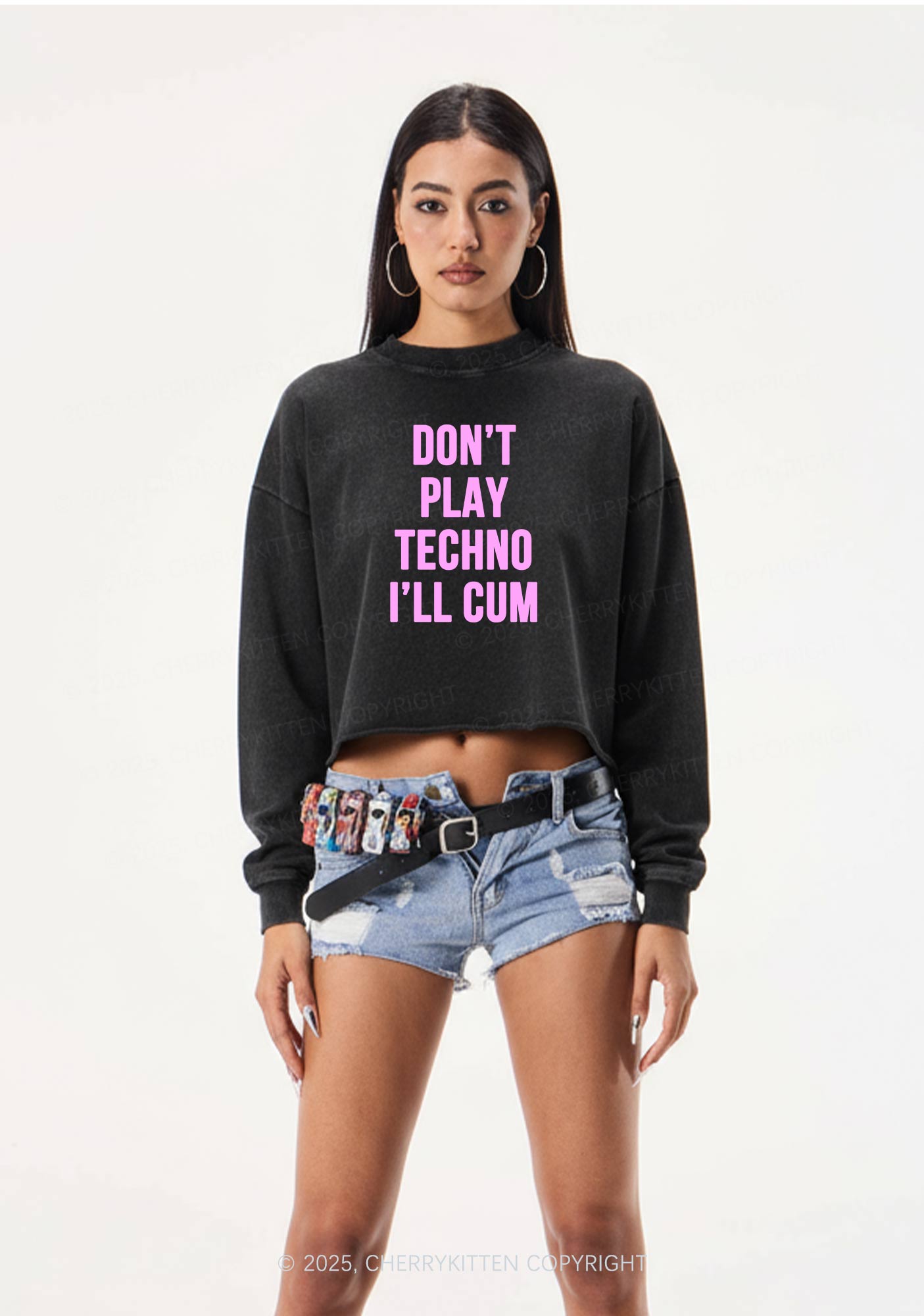 Dont Play Techno Y2K Crop Washed Sweatshirts Cherrykitten