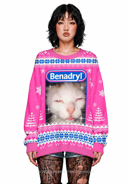 Sleepy Cat Y2K Knit Sweatshirt Cherrykitten