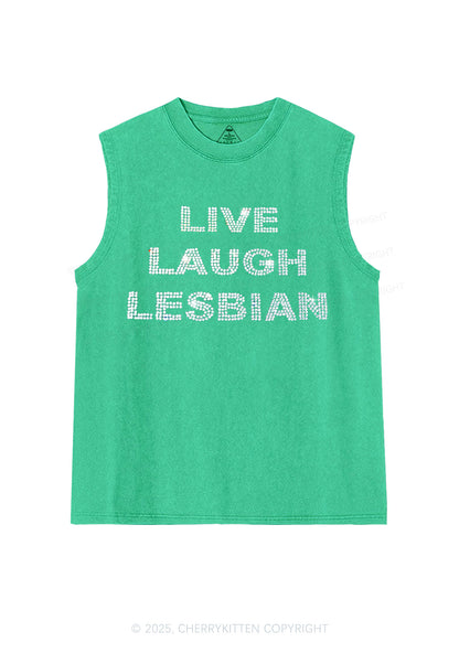 Rhinestone Live Laugh Lesbian Pride Y2K Washed Muscle Tank Cherrykitten