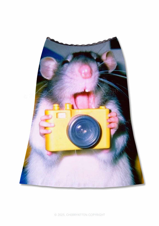 Rat Photography Y2K Print Midi Skirt Cherrykitten