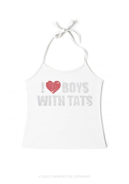 Rhinestone I Love Boys With Tats Y2K Halter Neck Cami Cherrykitten