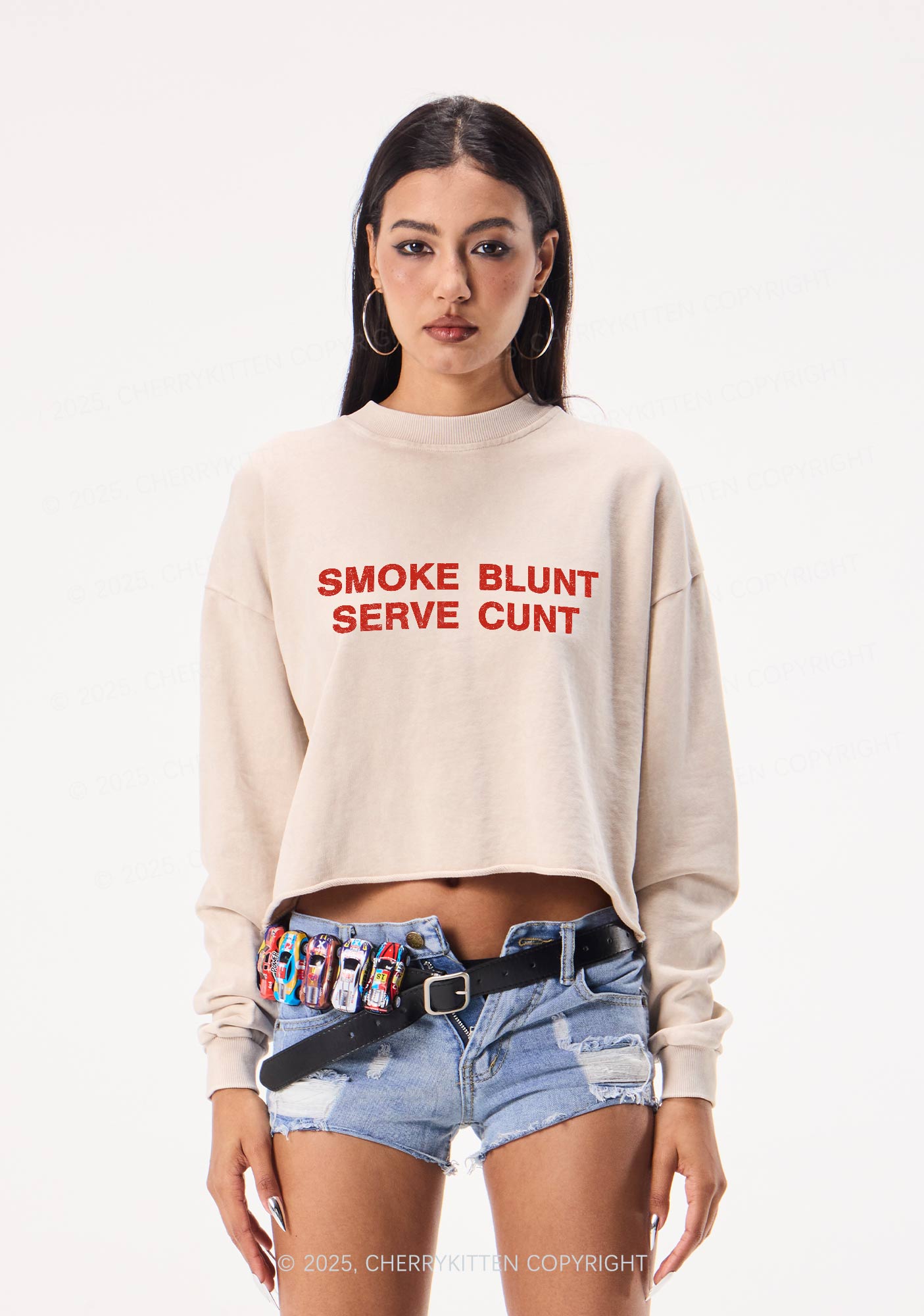 Smoke Blunt Y2K Crop Washed Sweatshirts Cherrykitten