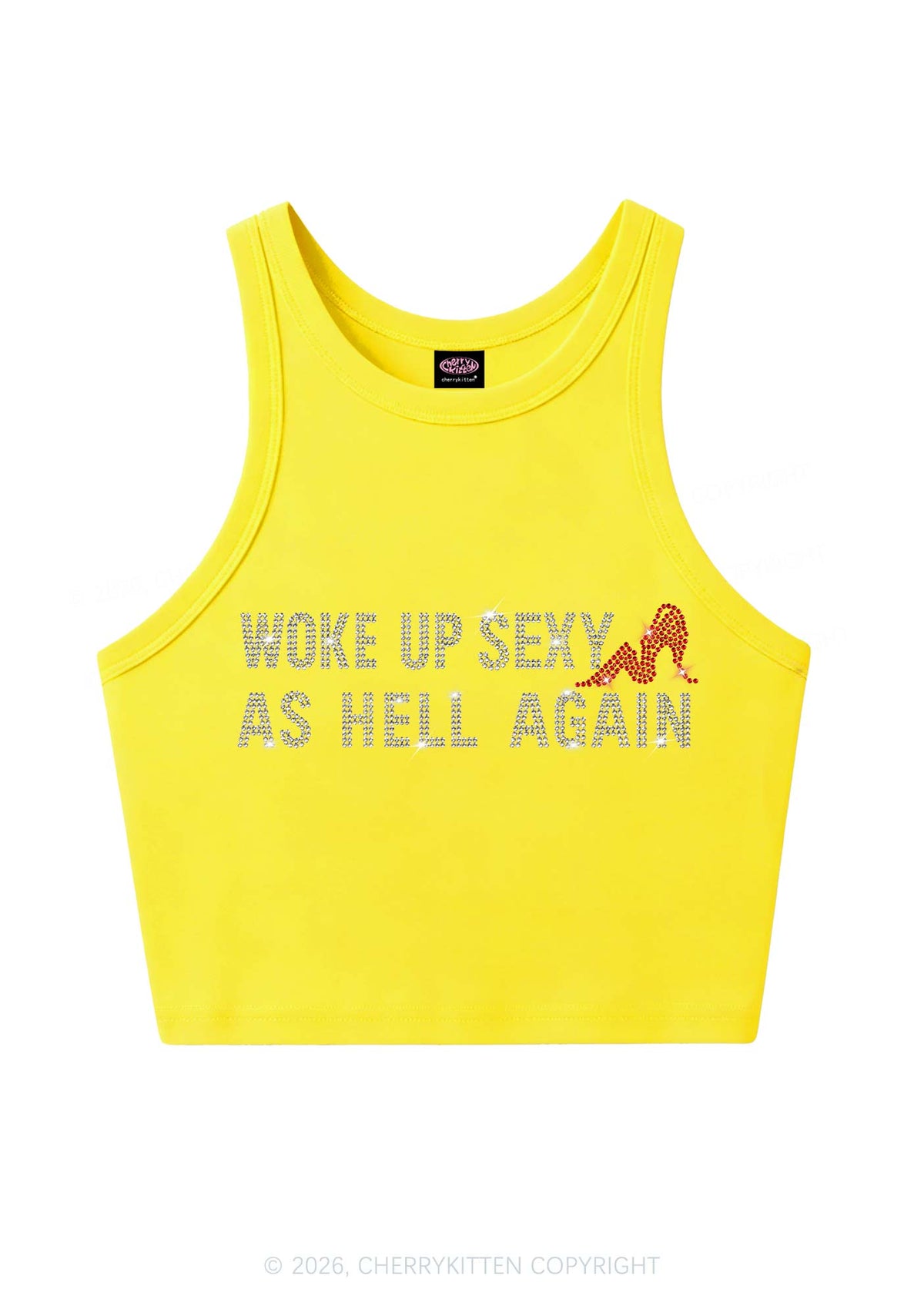 Rhinestone Woke Up Sexy Y2K Crop Tank Top Cherrykitten