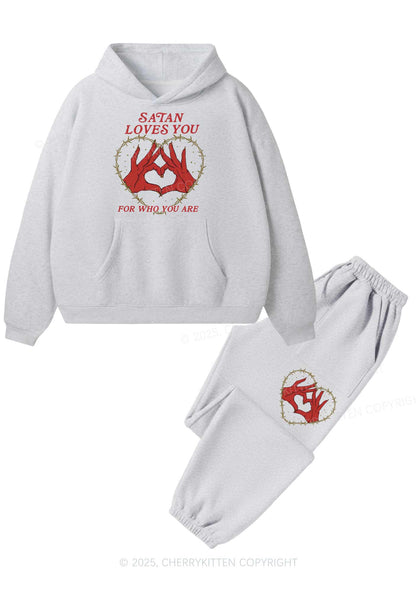 Halloween Satan Loves You Heart Y2K Fleece Hoodie Set Cherrykitten