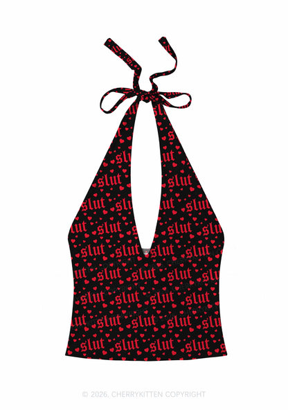 Black Slxt Y2K Print Halter Deep V Neck Cami Cherrykitten