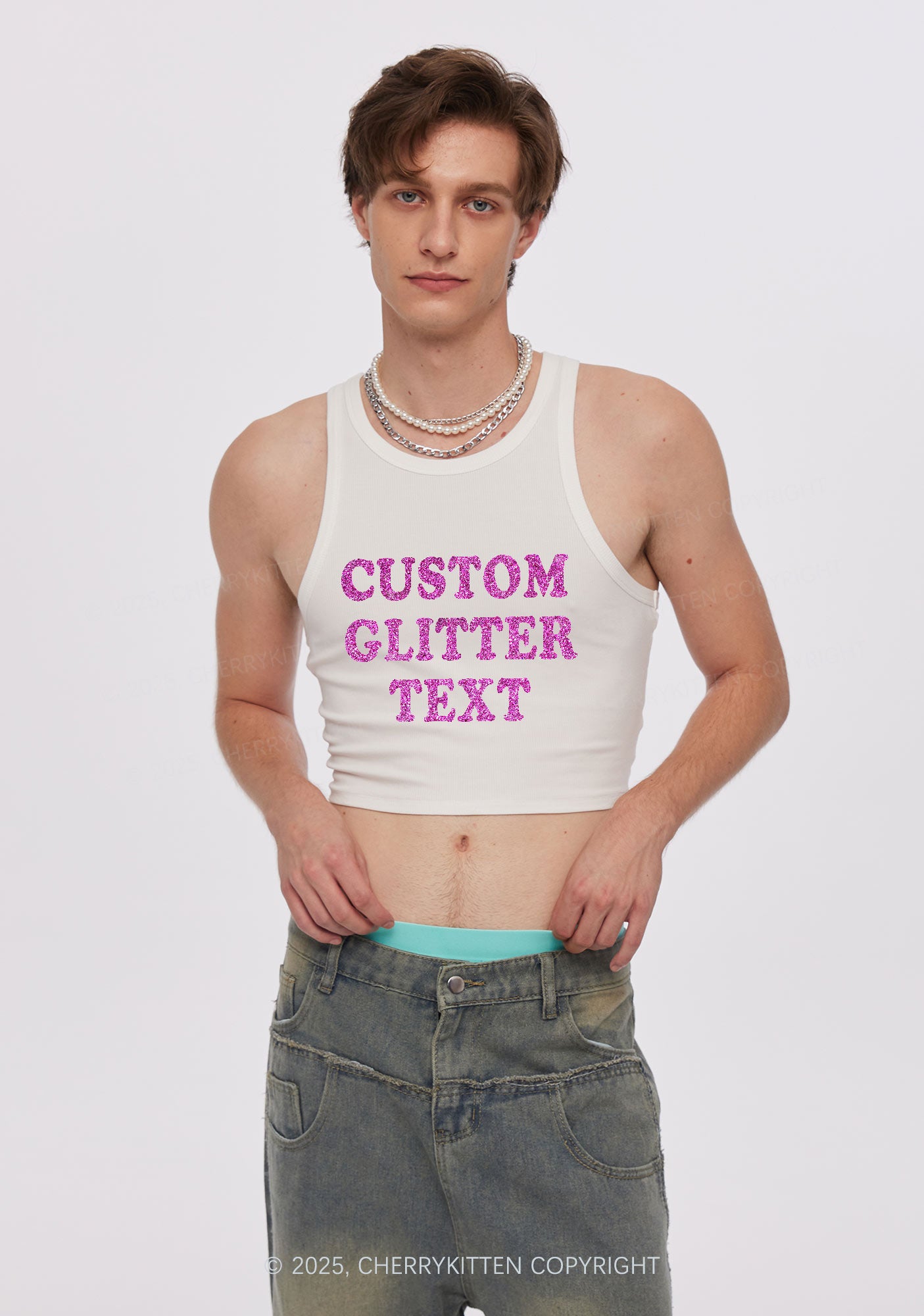 Custom Text Glitter Y2K Crop Tank Top Cherrykitten